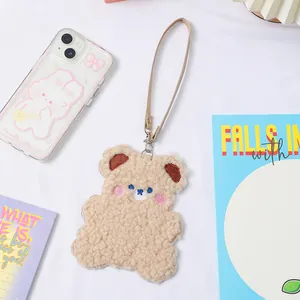 Cute khaki plush bear card holder pendant with lanyard and fine embroidery details