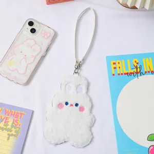Cute white plush bunny card holder with soft fur texture and lanyard for bags
