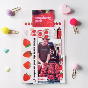 Detail of strawberry-themed stationery set with cute stickers and postcard in clear packaging
