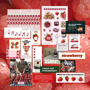 Close-up of strawberry themed sticker set with decorative cards and vintage labels