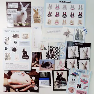 Bunny theme stationery set including stickers and postcards in minimalist blue and white