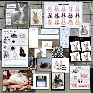 Detail view of rabbit-themed DIY stationery kit with stickers, postcards and memo pads