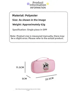 Detail view of pink polyester pencil case with cute cartoon print and size specifications
