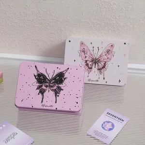 Pink rectangular tin storage box with butterfly pattern for DIY stickers and cards