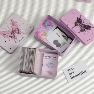 Detail view of purple metal tin box with Seventeen K-pop group photo cards and stickers