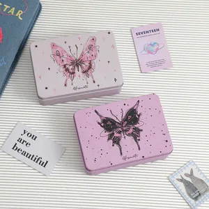 Detail of pink and purple butterfly tin storage boxes for DIY stickers and photo cards