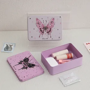 Purple tin stationery box with butterfly prints for student desk organization and storage
