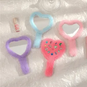 Cute Heart Shaped Plush Handheld Makeup Mirror With Colorful Rhinestones Portable Furry Cosmetic Mirror For Women Girls