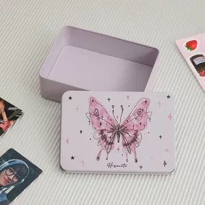 Purple tinplate storage box for photo cards featuring aesthetic butterfly and star patterns