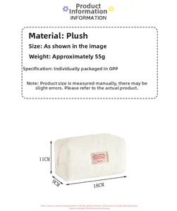 Detailed plush cosmetic bag measurements 18x9x11cm with zipper and pink label
