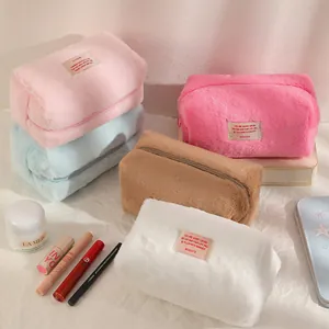 Simple Plush Cosmetic Bag For Women Portable Large Capacity Toiletry Travel Storage Bag Solid Color Soft Makeup Pouch