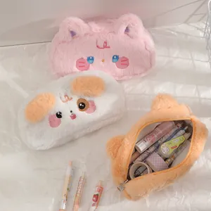 Trousse en Peluche en Forme d'Animal de Dessin Animé Chat Chien Panda Ours Sac de Rangement de Papeterie pour Étudiants Enfants Filles Pochette de Maquillage Portable