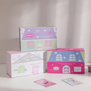 Cute pastel house-shaped cardboard storage boxes with magnetic lid for desk organization