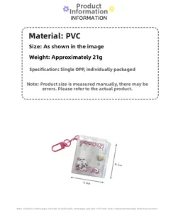 Mini photo album keychain dimensions showing a 5.3x6.1cm PVC cover with 8 internal pages