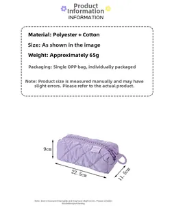 Size chart showing large purple quilted pencil case dimensions 22.5 x 11.5 x 9 cm