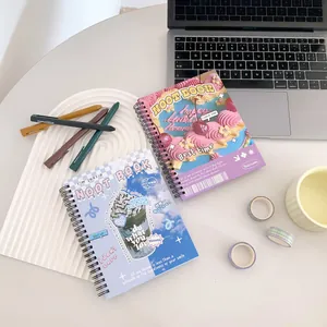 Detailed top view of A5 spiral notebooks with cute dessert illustrations and study stationery