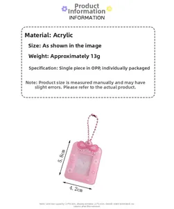 Detailed view of pink acrylic photo card holder with cute cartoon character and bead chain