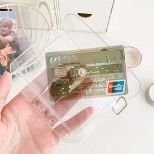 Clear PVC card holder with silver snap button and metal ball chain for photos