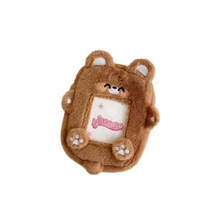 Cute brown plush bear card holder with clear PVC window and soft texture detail