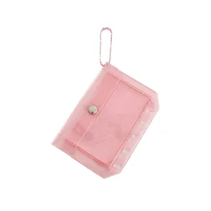 Pink glitter transparent PVC card holder with metal snap button and bead chain