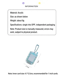 Blue acrylic photo card holder with bead chain and dimensions of 3.6x6 cm