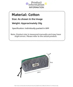 Detailed size specifications for the checkered canvas pencil bag with brand tag