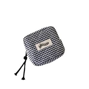 Gingham quilted mini storage pouch with Hisocute label and zipper lanyard closure