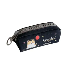 Astuccio nero in tela con disegno corgi e grande cerniera grigia per cancelleria