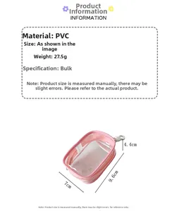 Clear pink PVC storage bag with zipper and metal hook showing precise dimensions