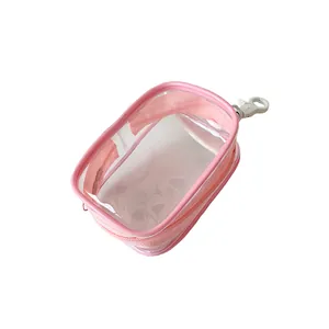 Transparent PVC storage bag with pink edges and hook for mini anime figurines display