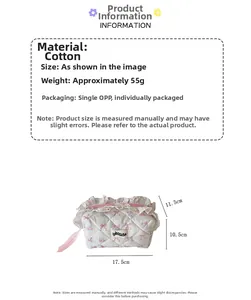 Detailed size chart for floral quilted cotton cosmetic bag with ruffle trim and bow