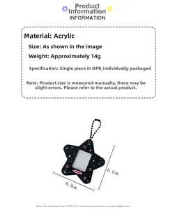 Black glitter star acrylic card holder detail with dimensions and metal bead chain