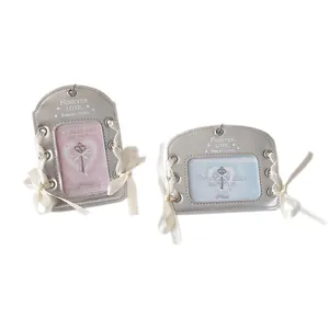 Silver PU ballet photocard holder with white silk ribbon bows in vertical and horizontal styles