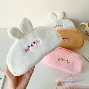 Cute animal plush pencil case with rabbit bear and pig designs for desk stationery storage