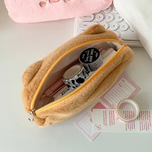 Cute brown plush animal pencil case with soft ears and spacious storage capacity