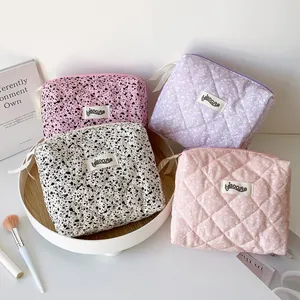 Korean Quilted Cotton Makeup Bag Ink Splash Crushed Stone Pattern Padded Cosmetic Storage Bag With Zipper For Travel Women
