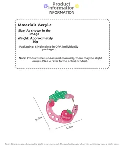Detailed view of pink acrylic strawberry carabiner hook with size specs 6.5x5.8cm