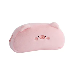 Cute pink plush pig pencil case with cartoon embroidery and 3D ears for students