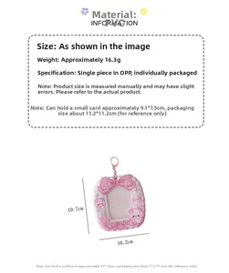 Pink PVC photo card holder with bow detail and cartoon character dimensions display