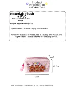 Pink plush pencil case with clear PVC window and sweet cartoon bear print detailing