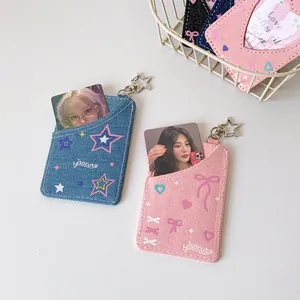 Denim star photo card holder with Hisocute embroidery and star-shaped keychain clip