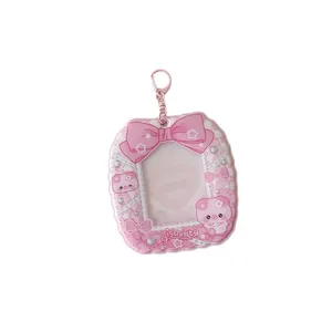 Porte-carte rose avec nœud, fenêtre cœur et pendentif cochon pour photos d'idoles