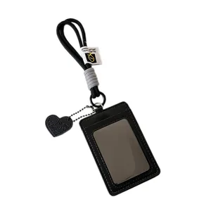Vertical black PU leather ID badge holder with transparent window and heart charm
