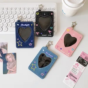 Denim heart-window photocard holders with star clips in pink, blue, and black denim fabric