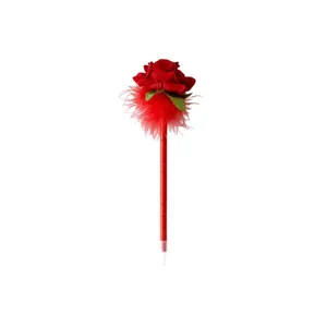 Romantic red rose ballpoint pen with feather accents for office desk decor gift