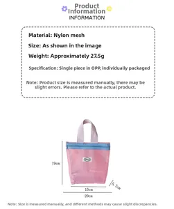 Detailed sizing chart and nylon mesh pouch specifications showing pink mesh storage bag