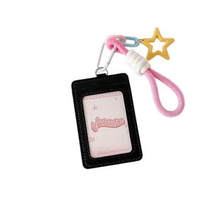 Black PU leather ID card holder with pink braided lanyard and yellow star pendant accessory