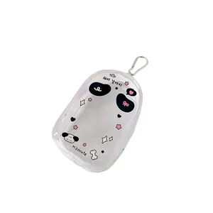 Clear PVC mini doll display bag with cute cartoon prints and silver metal carabiner