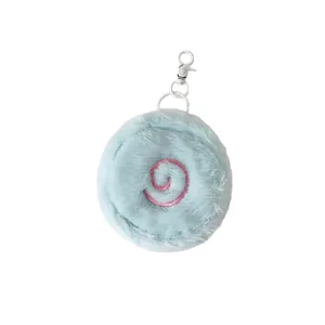 Blue plush round coin purse with pink embroidery and silver lobster clasp for backpacks