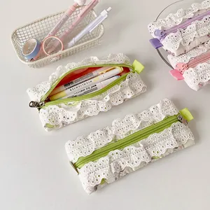 Trousse à Crayons en Dentelle Florale Coton Polyester Sac de Rangement de Papeterie Portable Trousse pour Étudiants Filles École Bureau